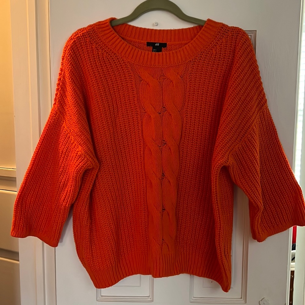 H&M Small Orange Cropped Cable Knit Sweater, 3/4 sleeve